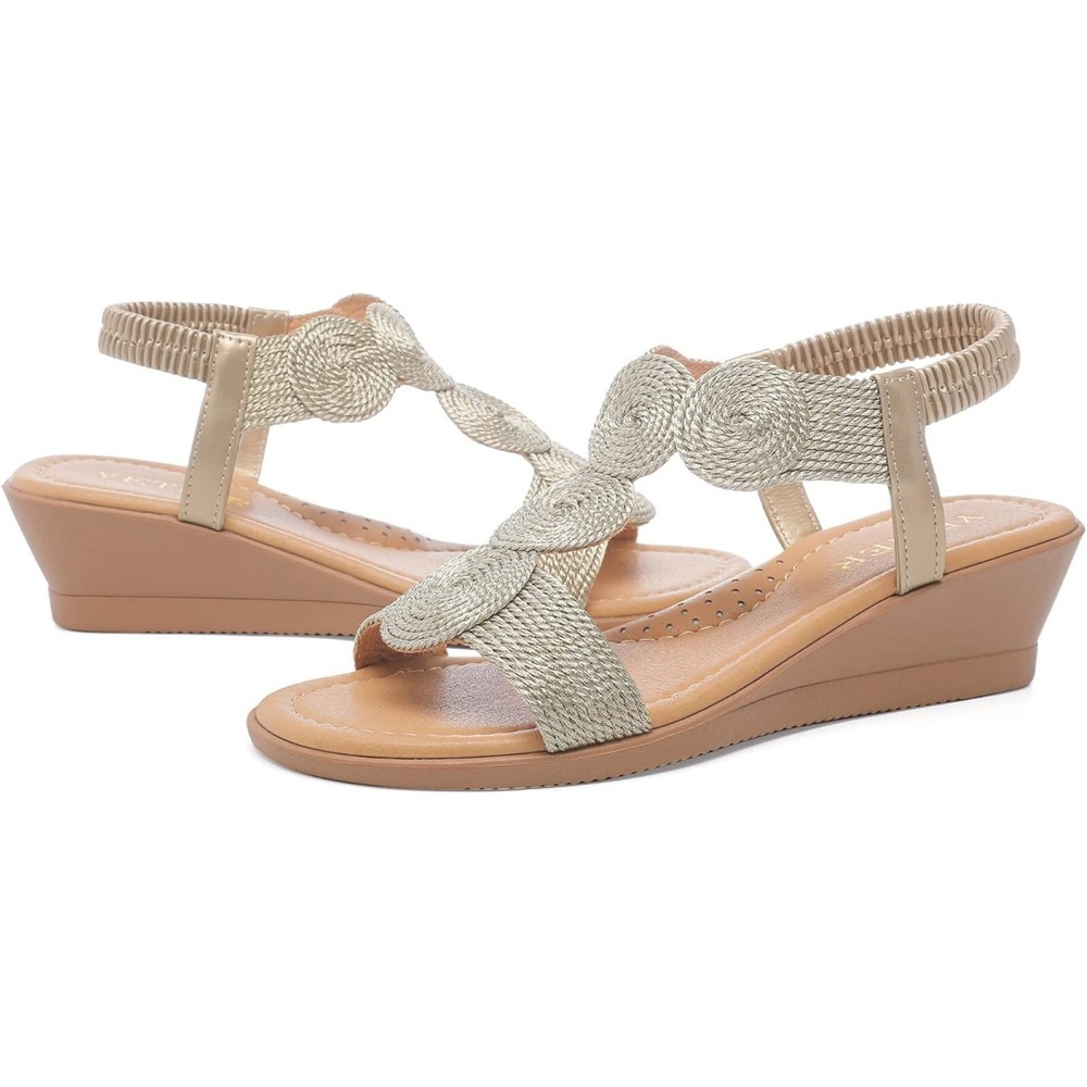 YETIER Wedge Sandals Women Elastic Ankle Strap Low Wedge‎ Silver Open Toe NEW